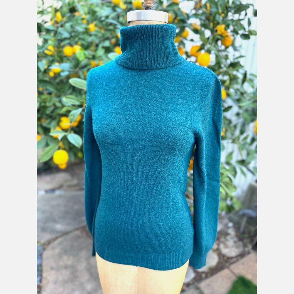 VTG I.Magnin Teal Cashmere Long Sleeve Turtleneck Sweater Size S Made in Italy